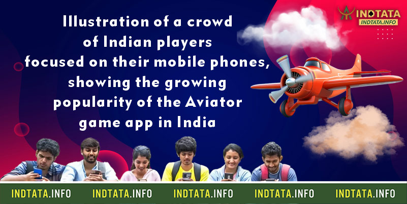 Illustration of a crowd of Indian players focused on their mobile phones, showing the growing popularity of the Aviator game app in India